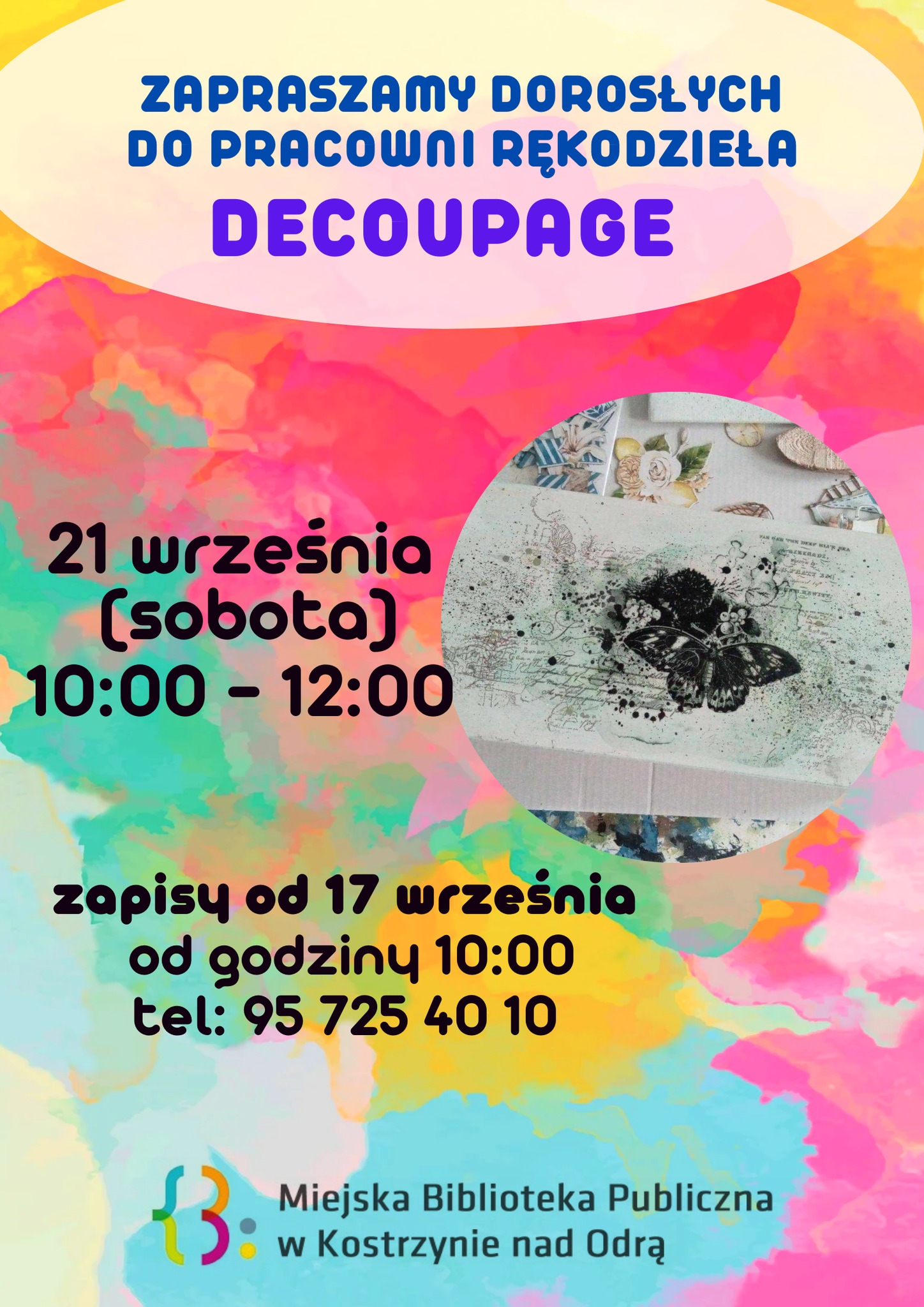 plakat informacyjny dot. zapisów na zajęcia Decoupage